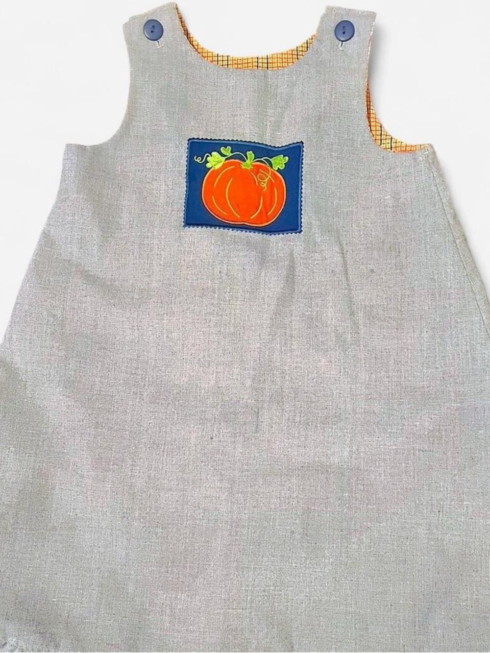 Mulberry St. blue & orange pumpkin dress with button straps and plaid lining